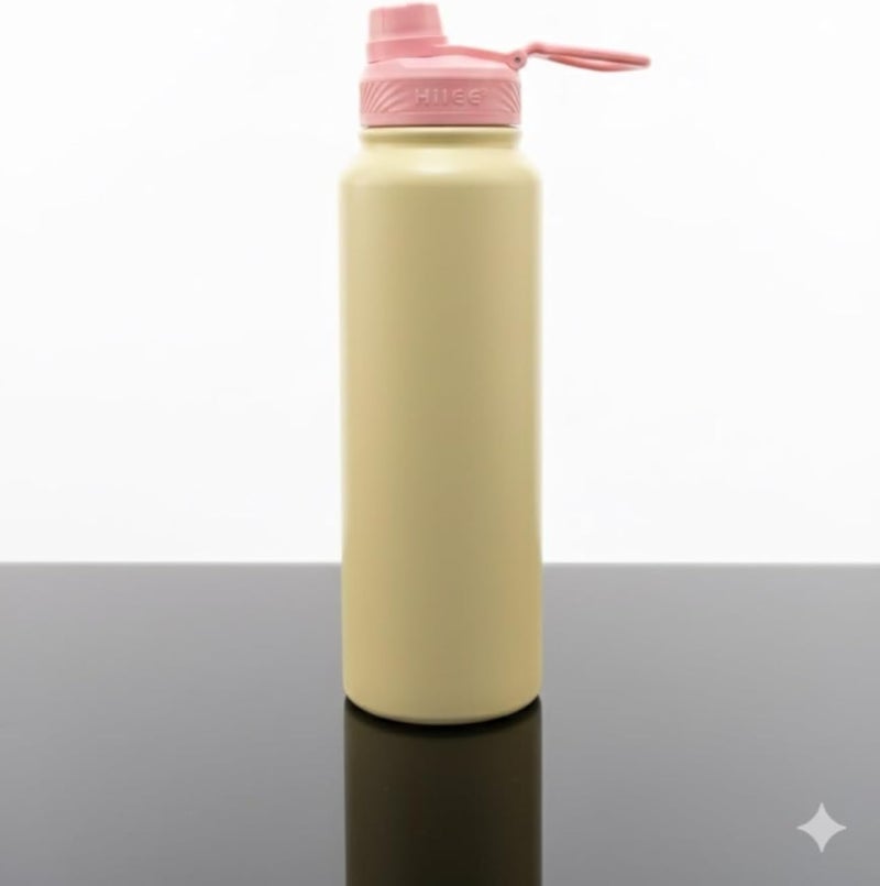 زجاجة ماء معزولة فاخرة من الفولاذ المقاوم للصدأ 304، سعة 1000 مل، لون كريمي متدرج، قارورة مزدوجة الجدار مع مقبض حمل مدمج